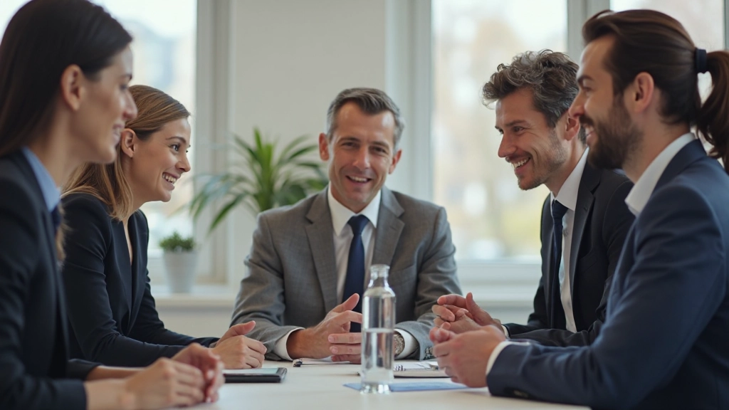Twee professionals in diepgaand gesprek in moderne kantooromgeving, natuurlijk licht van links