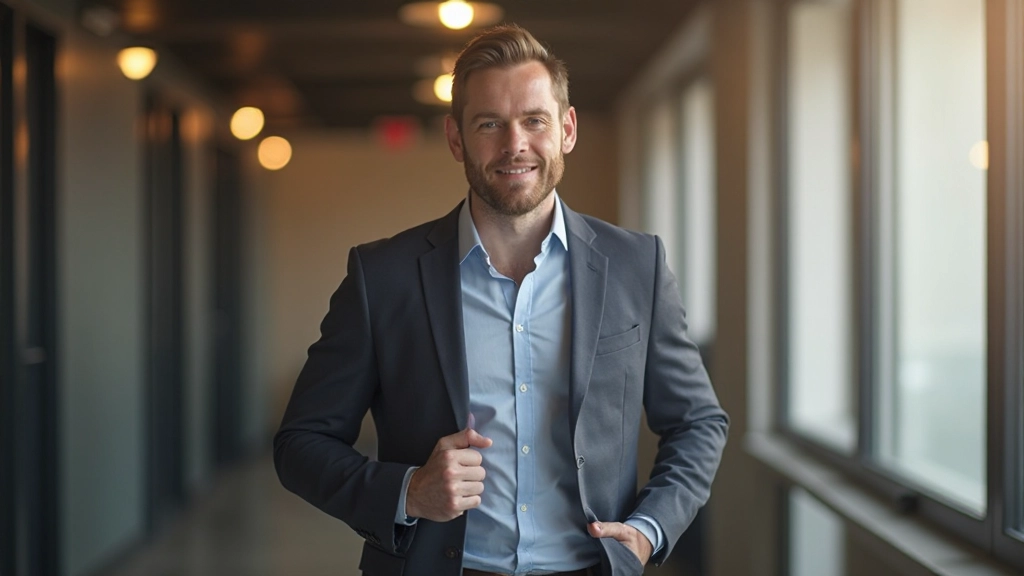 Man met open lichaamshouding in professionele trainingsruimte, licht vallend van opzij