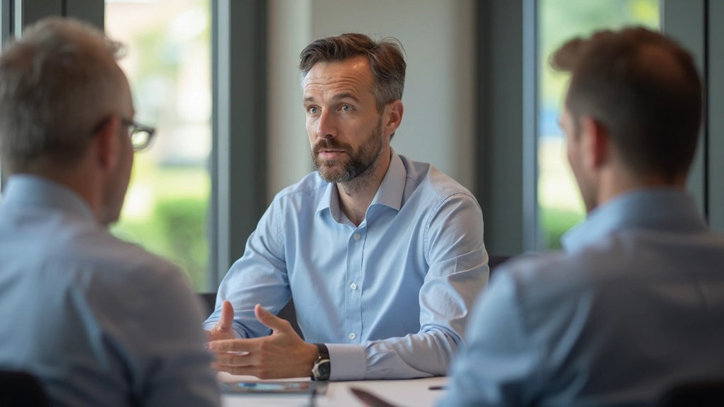 Zakelijk persoon in gesprek met collega aan conferentietafel in modern kantoor