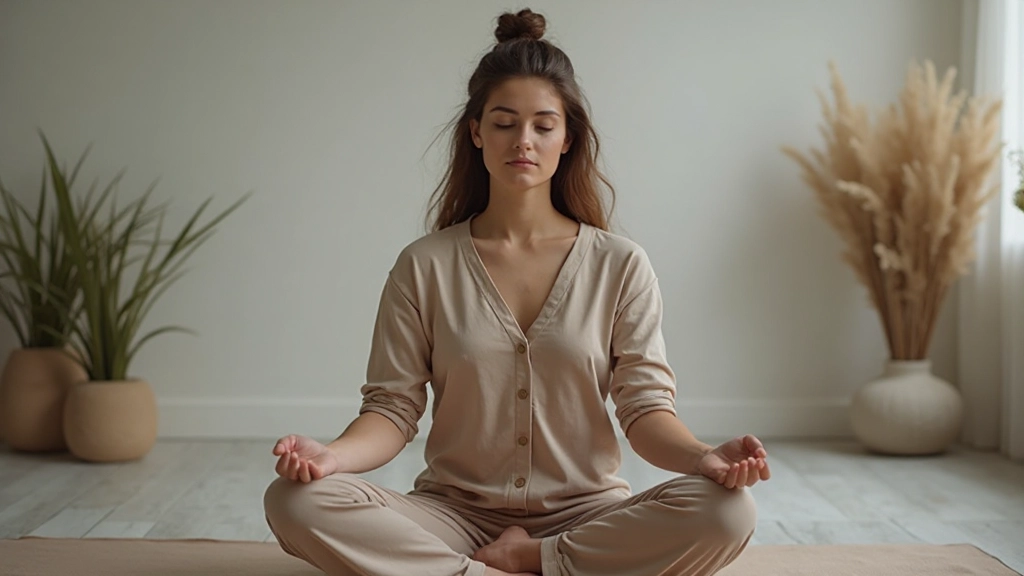 Persoon in meditatieve zit in rustige kamer met zachte verlichting