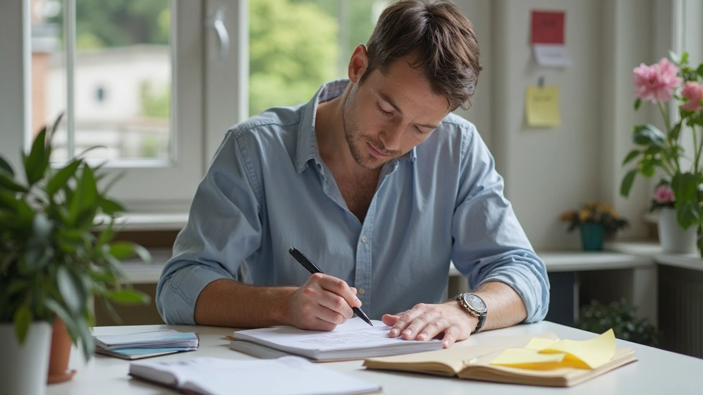 Persoon schrijft prioriteiten en taken op in een notitieblok, organiseert werkplan systematisch