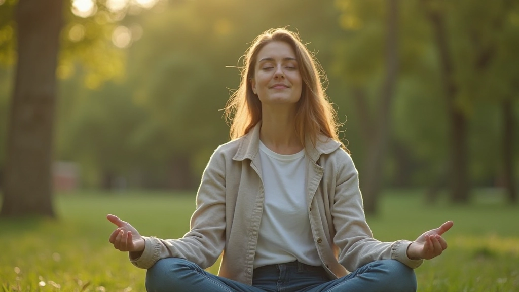 Persoon in meditatiehouding in een rustige natuuromgeving met vredige uitdrukking