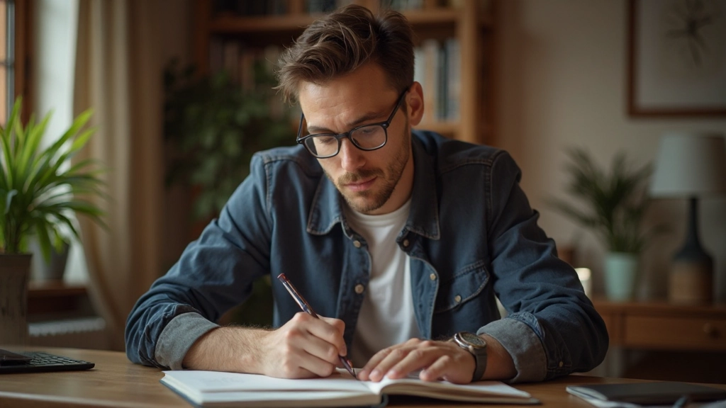 Persoon aan bureau notities schrijven, reflectief moment in rustige huisomgeving met zachte verlichting