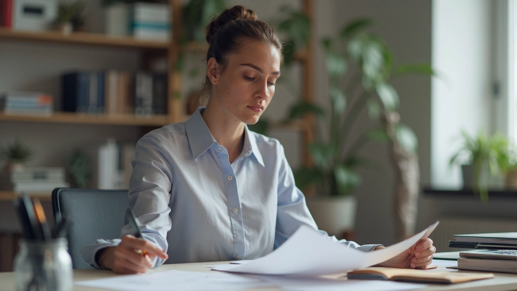 Persoon aan bureau met planning documents en productiviteitstools, gefocuste werkhouding